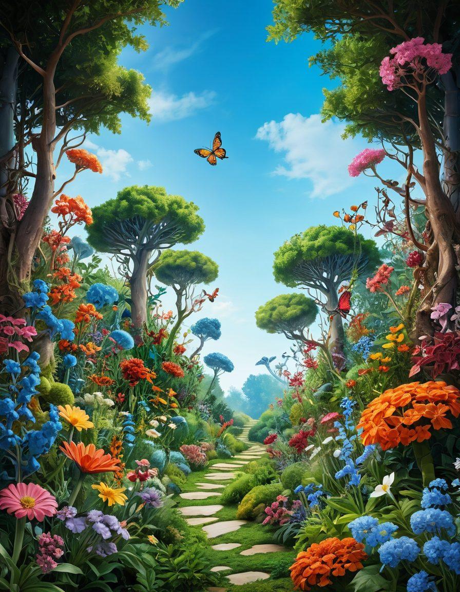 A vibrant garden intertwined with abstract representations of tumor cells, showcasing a detailed ecosystem with lush greenery, flowers, and a clear blue sky. Incorporate elements like DNA strands merging with plant roots, symbolizing the connection between tumor research and nature. Illustrate small animals and insects thriving in the environment, adding life and movement. The overall composition should evoke a sense of harmony and interconnectedness. super-realistic. vibrant colors. organic shapes.