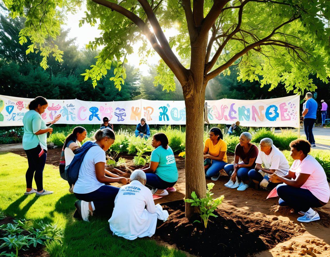 A serene scene depicting a diverse group of people engaged in a community garden, planting trees and educating each other about cancer awareness. In the background, vibrant banners with cancer support messages are gracefully tied to the trees. A bright sunlight filters through the branches, illuminating faces of hope, unity, and resilience. Rich greenery symbolizes growth and life. Gentle pastel colors enhance the warm, inviting atmosphere. super-realistic. vibrant colors.