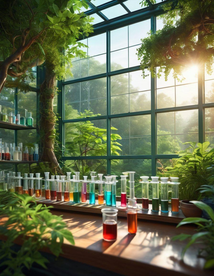 A serene landscape depicting a laboratory surrounded by lush greenery, where a scientist examines plants and soil, symbolizing the blend of cancer research and environmental conservation. Include elements like test tubes filled with colorful liquids and nature thriving around them, representing hope and innovation. Soft sunlight filters through the trees, illuminating the scene. vibrant colors. super-realistic.